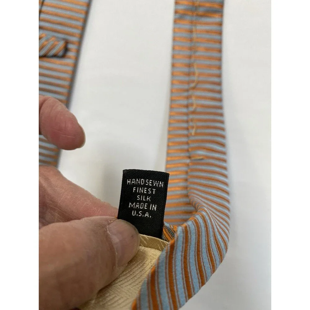 Robert Talbott Estate Mens Silk Necktie Orange Blue Striped Hand Sewn USA Tie
